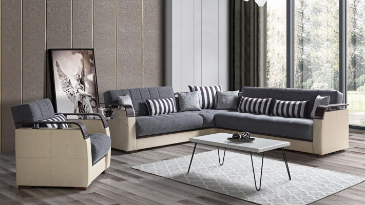 Corner sofa L-shape + Armchair Gray Complete Living room Set 2 pieces. Luxury Furniture