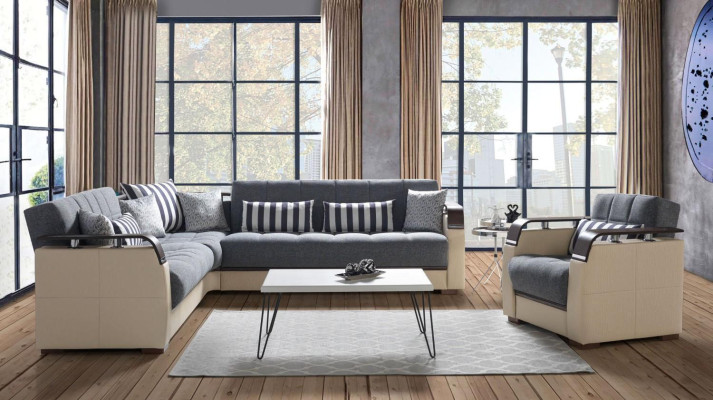 Corner sofa L-shape + Armchair Gray Complete Living room Set 2 pieces. Luxury Furniture