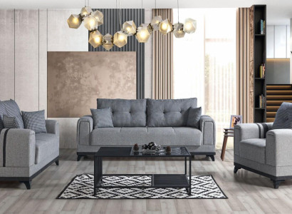 Gray Sofa set 3+2+1 Seater Textile Wood Sofa Armchair Complete Set