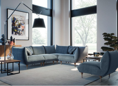 Living room Set Corner sofa L-shape Armchair Design Couch Wood Textile Corner suite