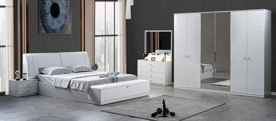 Bed 2x Bedside tables Bedroom White 5 pcs. Designer Luxury Furniture Wood
