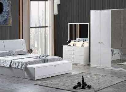 Bed 2x Bedside tables Bedroom White 5 pcs. Designer Luxury Furniture Wood