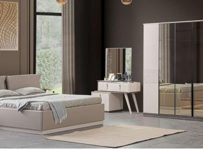 Bedroom Luxury Beds 2x Bedside tables 5-piece Wardrobe Wood Beige