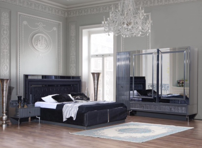 Black Bedroom Set Luxury Suite Bed 2x Bedside tables Wardrobe
