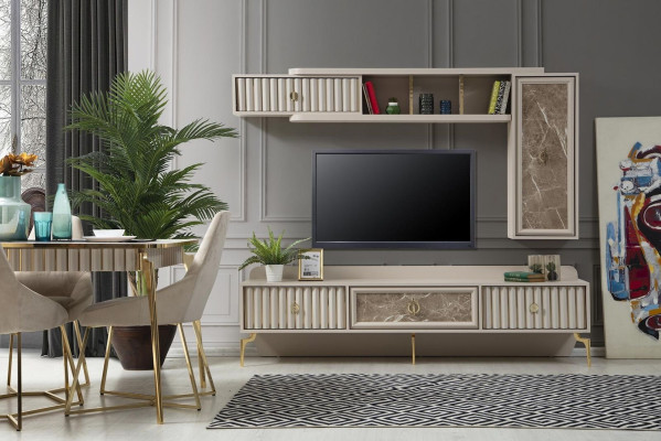Designer Modern Wall unit Luxury Wood Shelves Living room Furniture Stylish