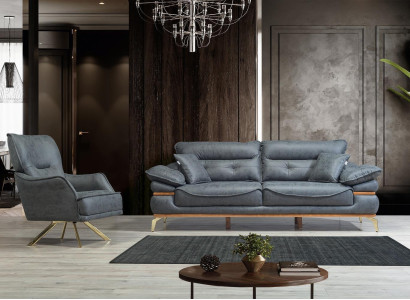 Modern designer gray living room with 3-seater sofa and new armchair