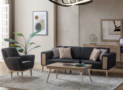 Gray Living room Set Luxury Three Seater Upholstery Armchair Style Textile Furniture