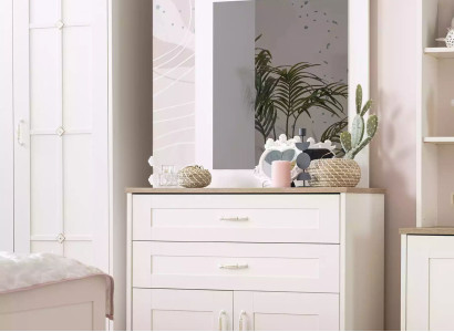 Suite Chest of drawers with Mirror Set Wardrobe Wood White Chests of drawers Design