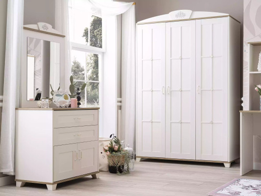 Suite Chest of drawers with Mirror Set Wardrobe Wood White Chests of drawers Design