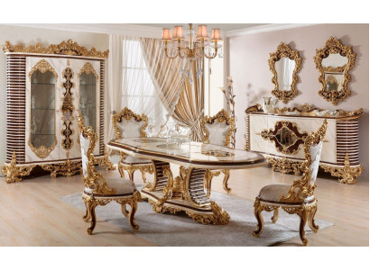 Golden Classic Dining room Suite Dining table 6x Chairs Chest of drawers Mirror