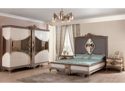 White -Golden Bedroom Suite Double bed 2x Bedside tables Wardrobe Set Bed