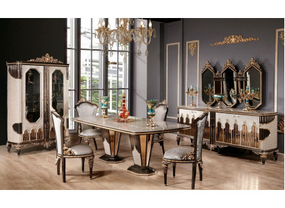 Classic White -Golden Dining room Suite Dining table 6x Chairs Chest of drawers
