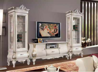 Classic White Wall Unit TV Stands 2x Display Cabinets Elegant Set 3 Piece Wardrobe