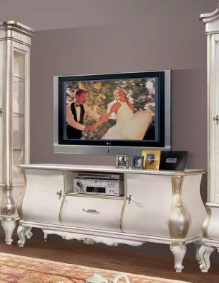 Classic White Wall Unit TV Stands 2x Display Cabinets Elegant Set 3 Piece Wardrobe