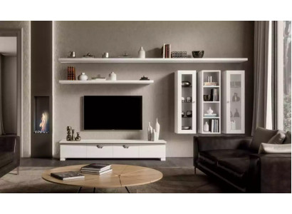 Living room Lowboard Wall unit Wood Wardrobe Design White Modern Set 6pcs.