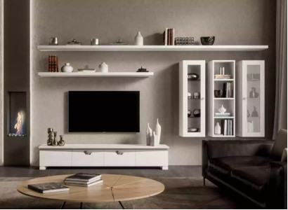 Living room Lowboard Wall unit Wood Wardrobe Design White Modern Set 6pcs.