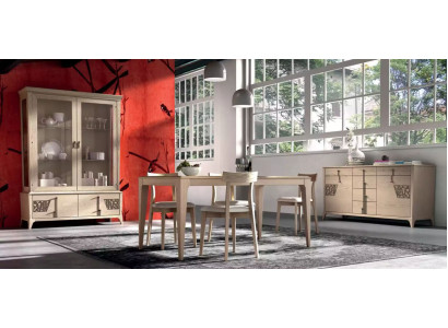 Suite Set Table 4x Chairs Beige Display case Set Dining set 7pcs. Dining room