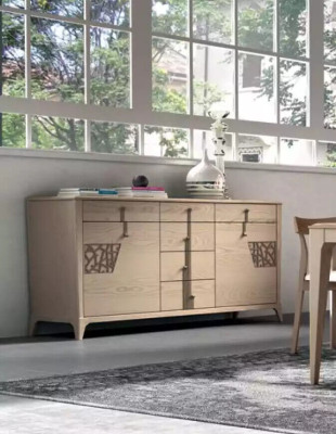 Suite Set Table 4x Chairs Beige Display case Set Dining set 7pcs. Dining room