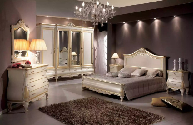 Wooden double bed luxury design bedroom furniture classic beige