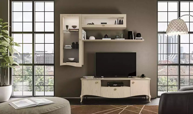 Luxury tv stand living room TV cabinet lowboard wall shelves beige wall unit new