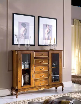 Exclusive brown wooden display cabinet with drawers in Classic n Furniture style