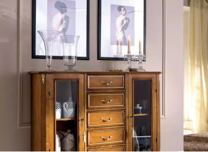 Exclusive brown wooden display cabinet with drawers in Classic n Furniture style