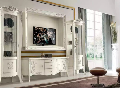 Classic style white wall unit lowboard 2x display case TV frame group new