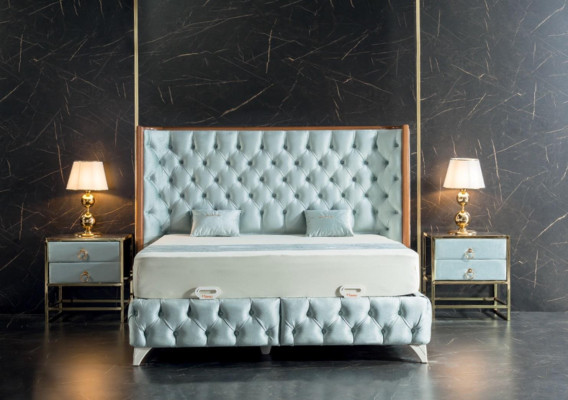 Bedroom Set White Metal Bed Chesterfield Luxury Style 2x Bedside tables 3pcs.