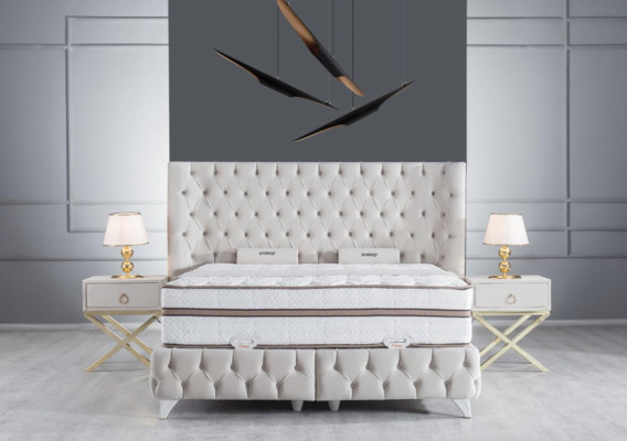 Bedroom Set White Boxspring Bed Chesterfield Elegantes 2x Bedside tables 3pcs.