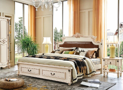 Elegant double bed with pull-out drawers and two bedside tables