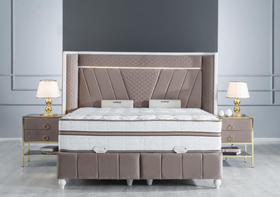 Luxury Bedroom Set Beige Bed 2x Bedside table Beds Furniture Led 3pcs
