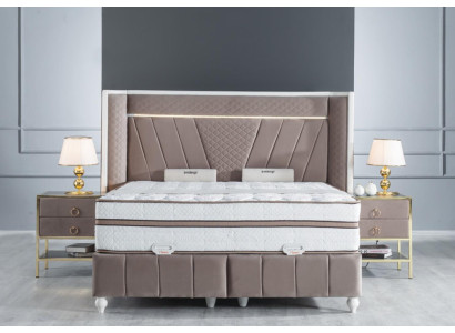 Luxury Bedroom Set Beige Bed 2x Bedside table Beds Furniture Led 3pcs