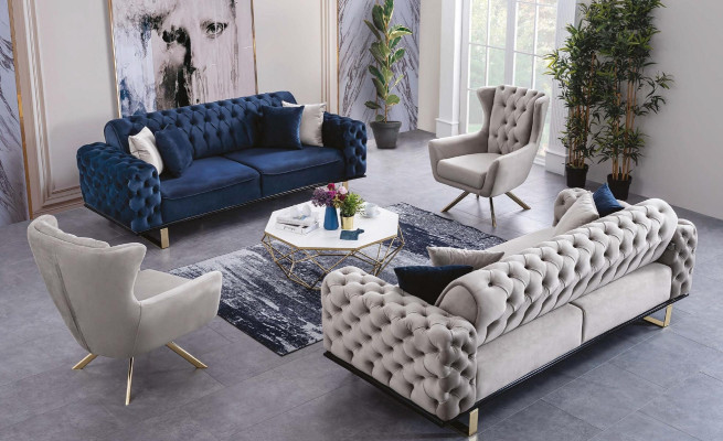 Blue e Chesterfield Couch Furniture Sofa Living room Luxury Furnishings 228cm