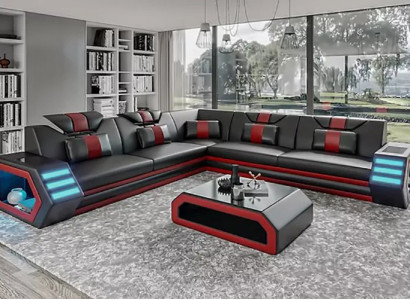 Design Living room Corner sofa Corner sofa Furniture Leather upholstery Couch Sofa L-shape + Table