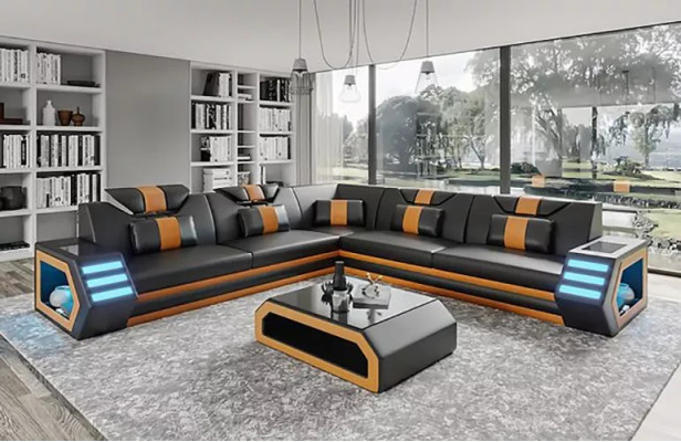 Design Living room Corner sofa Corner sofa Furniture Leather upholstery Couch Sofa L-shape + Table