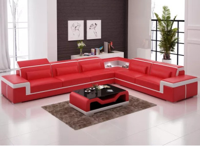 Design Living room Corner sofa Furniture Corner sofa Leather upholstery Couch Sofa L-shape + Table