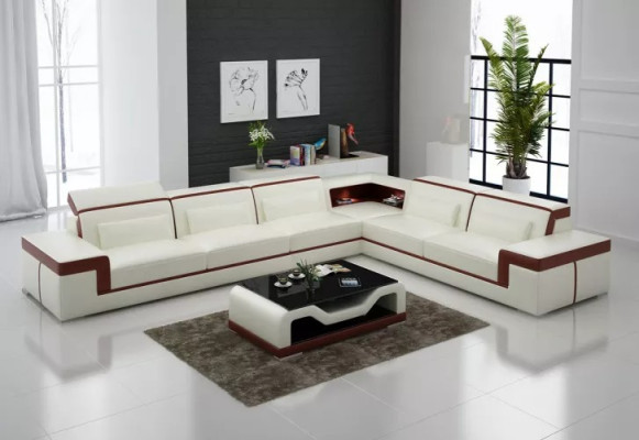 Design Living room Corner sofa Furniture Corner sofa Leather upholstery Couch Sofa L-shape + Table