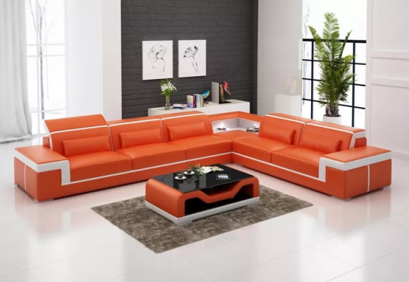 Design Living room Corner sofa Furniture Corner sofa Leather upholstery Couch Sofa L-shape + Table