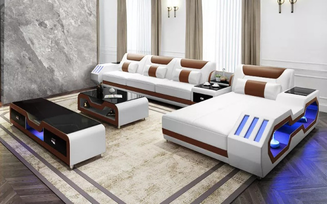 Leather sofa Led Illuminated Designer Corner sofa Upholstery Corner suite Sofa 2pcs