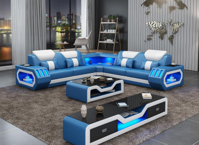 Corner sofa L-shape Coffee table Sofa Couch Design Upholstery Leather Modern Blue Table new