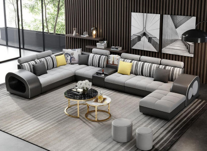 Leather sofa sofa with USB couch designer sofa U-shape corner suite upholstered corner Big new