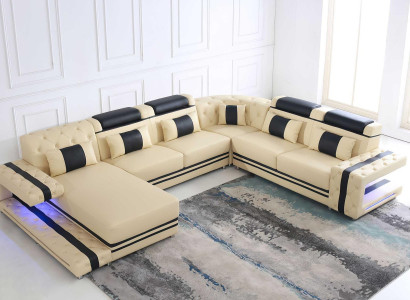 Leather Upholstery Seat Design Modern Corner Suite Sofa Living landscape U-shape USB LED