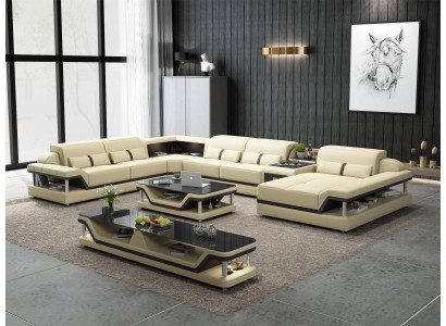 Corner sofa beige with coffee table 2 pieces. Living room leather sofa set corner suite table