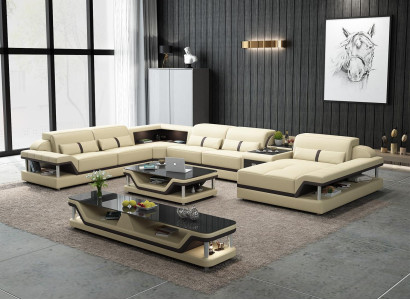 Corner sofa beige with coffee table 2 pieces. Living room leather sofa set corner suite table