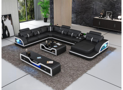 Corner sofa Black with Coffee table 2 pieces. Living room leather sofa set corner suite table