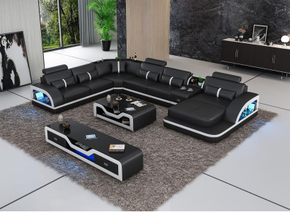 Corner sofa Black with Coffee table 2 pieces. Living room leather sofa set corner suite table