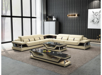Corner sofa Black with Coffee table 3 pcs. Living room leather sofa set corner suite table
