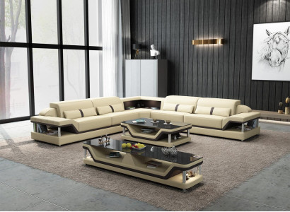 Corner sofa Black with Coffee table 3 pcs. Living room leather sofa set corner suite table