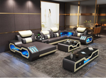 Corner sofa U-shape Coffee table Leather sofa Living landscape Designer Sofa 2-piece set led usb