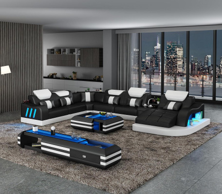 Corner sofa U-shape Sideboard Coffee table Couch Design Gray Upholstery Leather Modern 3-piece.